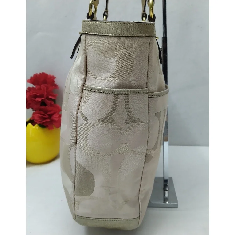 Coach Signature Cream Beige Canvas Leather Trim Double Handles Tote Shoulder Bag